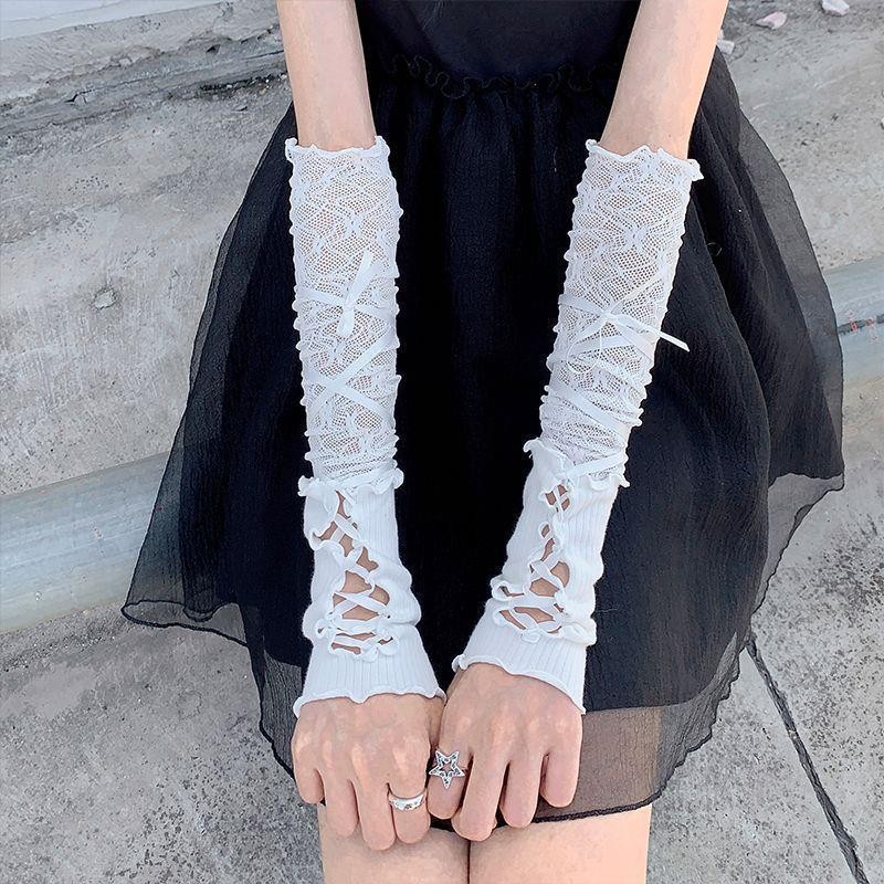 New y2g hot girl ballet style lace DIY cross strap sun protection oversleeve Lolita girl jk gloves