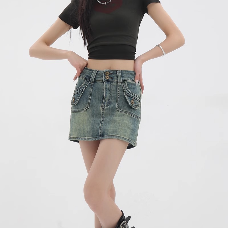 Vintage distressed denim skirt women's summer 2024 new high waist slimming versatile A- line hot girl hip skirt