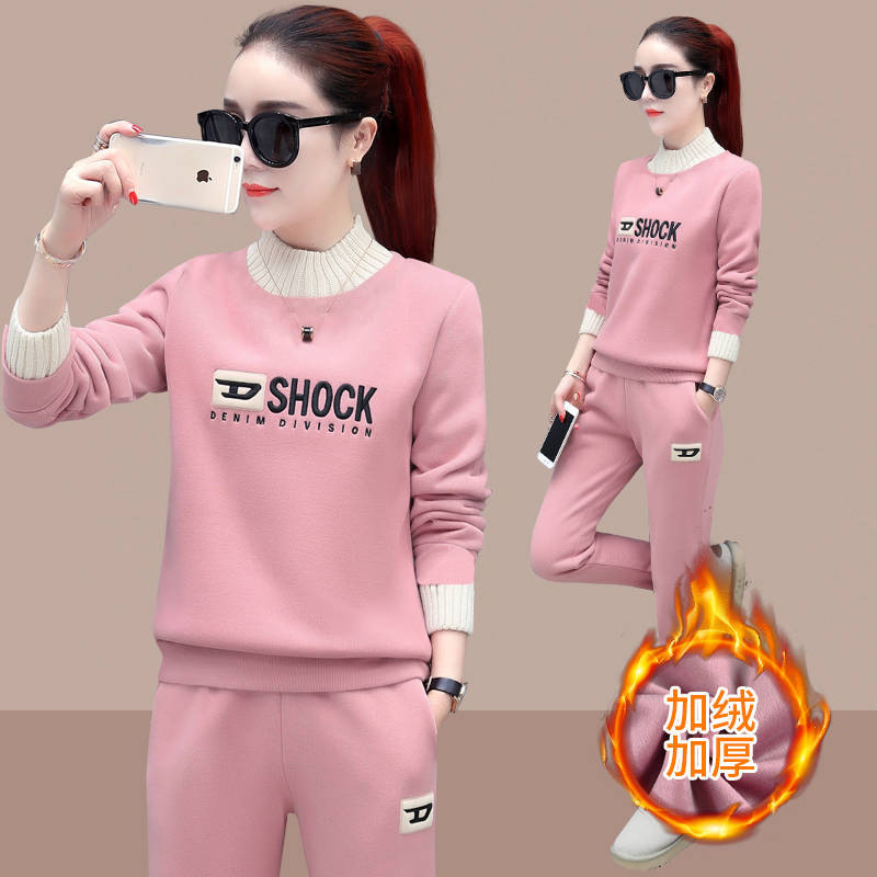 2023 Winter New Printed Sweater Warm Pants Slimming Two-Piece Fashionable Fleece-Lined Thickened Casual Sports Suit for Women
