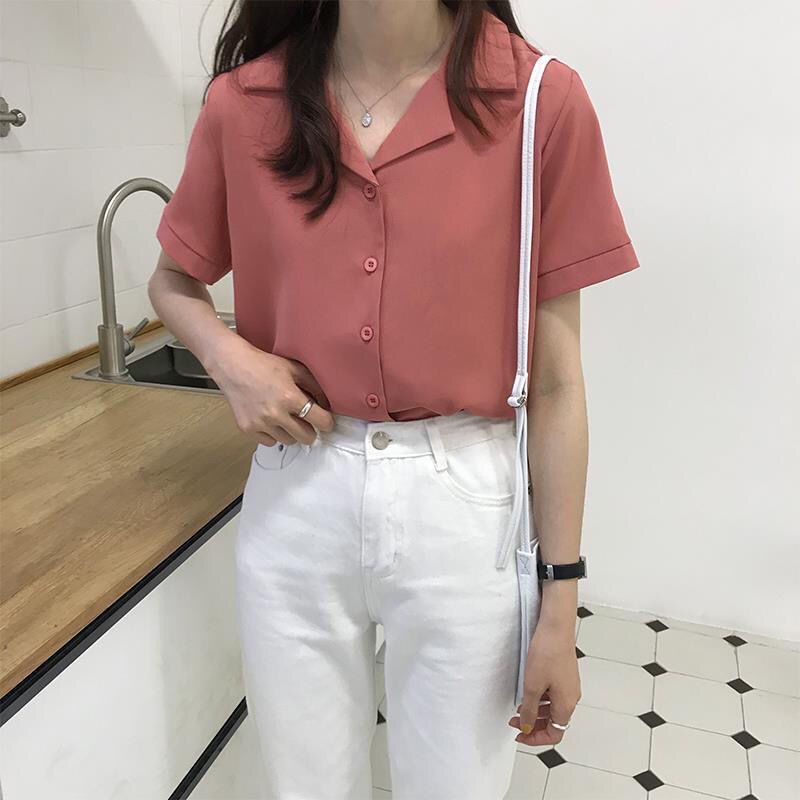 Picture of 2023 spring and summer new retro Hong Kong style Korean style professional suit collar long sleeve lapel short sleeve shirt Women's solid color top