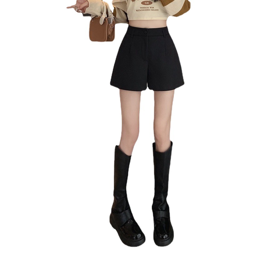 ins casual 20 shorts women's boots autumn and winter wear all-matching woolen black New 23 popular A- line high waist