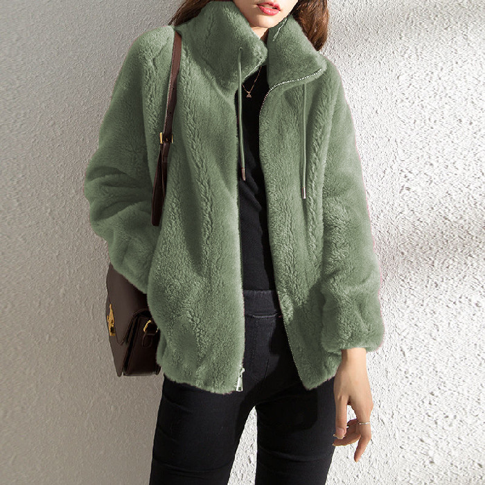Picture of Women's Winter Outwear Fleece-Lined Thickeneded Double-Sided Coral Velvet Stand-Up Collar Warm Sweatshirt Elegant Cardigan Zipper Fleece Top