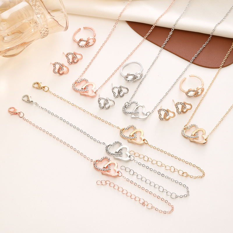 Picture of 2024 New European and American Simple Double Love Necklace Jewelry suit Light Luxury Bride Double Heart Jewelry Four-piece Set