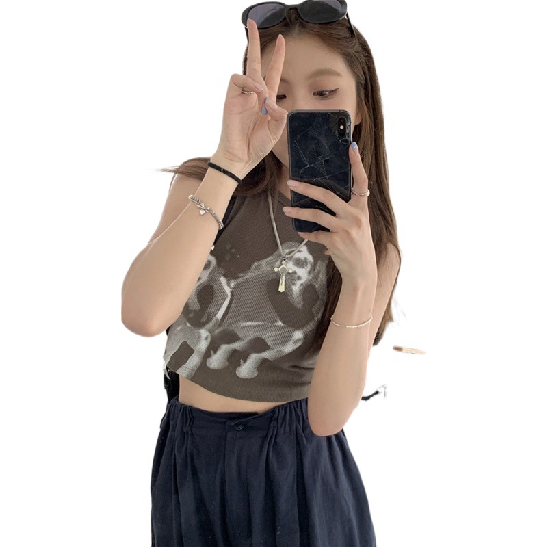 American Style Black Design Sense Printed Sleeveless I-Shaped Vest Women's Summer Spice Girls Outer Wear Slimming Short Cropped Top