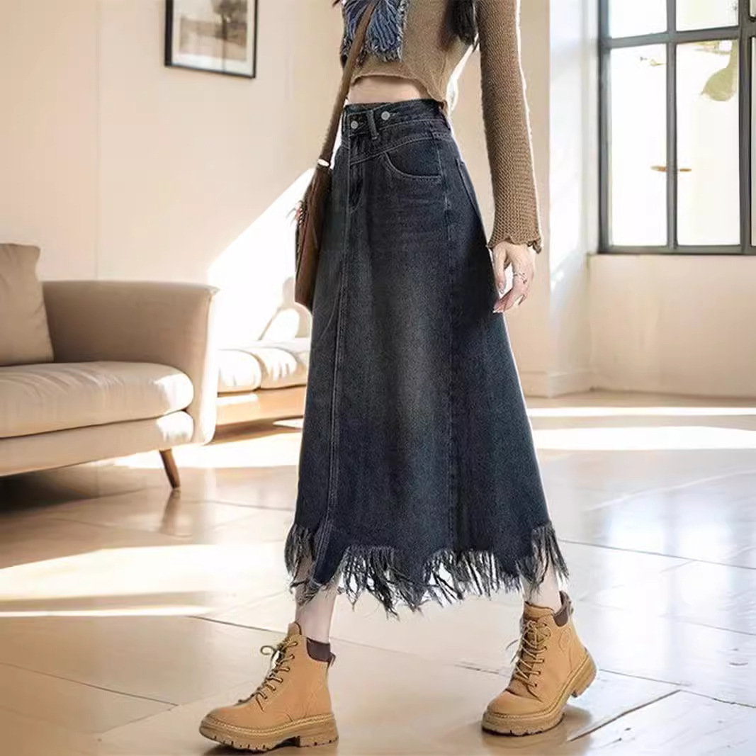 Vintage American Style Midi Fishtail Skirt Denim Skirt Women's Fur Edge High Waist Slimming A- line Skirt Hip-covered Long Skirt Skirt