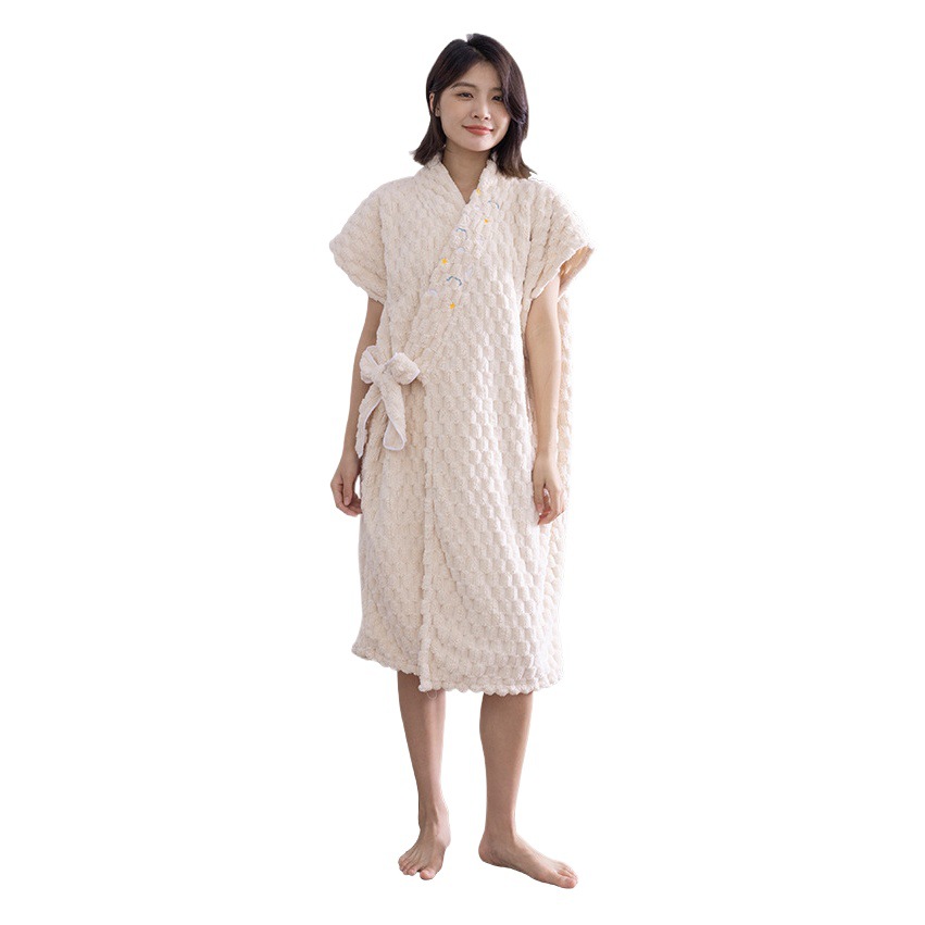Picture of Wearable wrap bath towel female cloud jacquard cross strap bathrobe coral fleece absorbent adult bath skirt embroidery