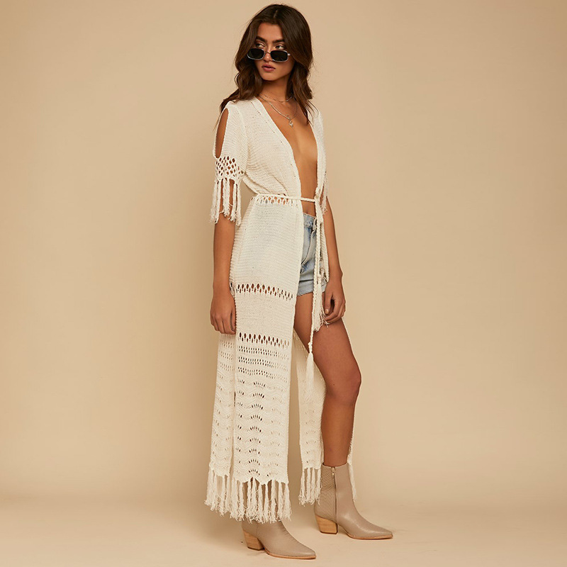 Picture of European and American Tassel Knitted Cardigan with Braided Belt, Long Beach Outwear, Swimsuit Cover-Up, Sun Protection Clothing, Blouse for Women