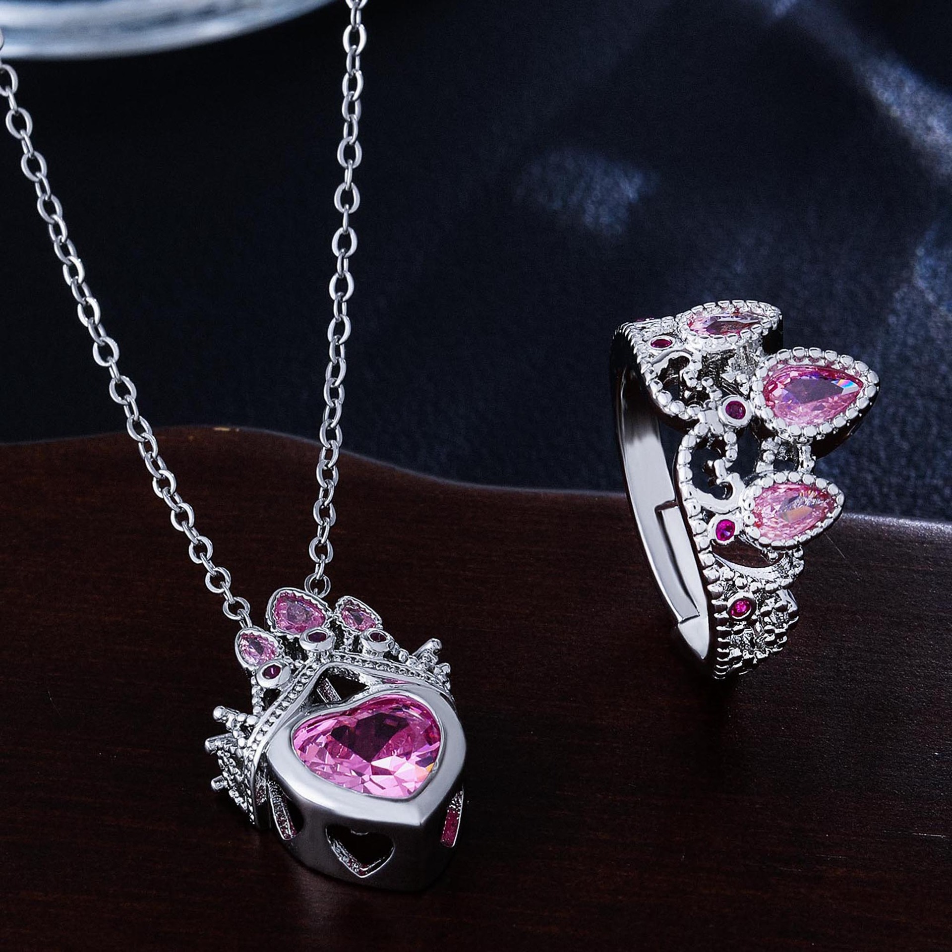Cross-Border New Micro-Encrusted Pink Love Water Drop Zircon Set Necklace Ring Combination High-End Jewelry Set
