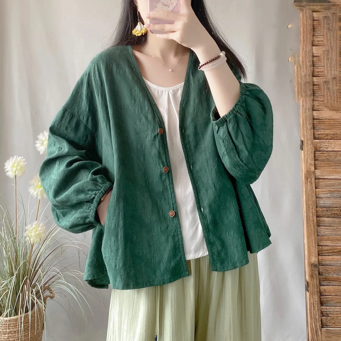 Women's summer cotton and linen jacquard cardigan sun protection clothing outer wear artistic loose slimming batwing sleeve long sleeve air conditioning shirt
