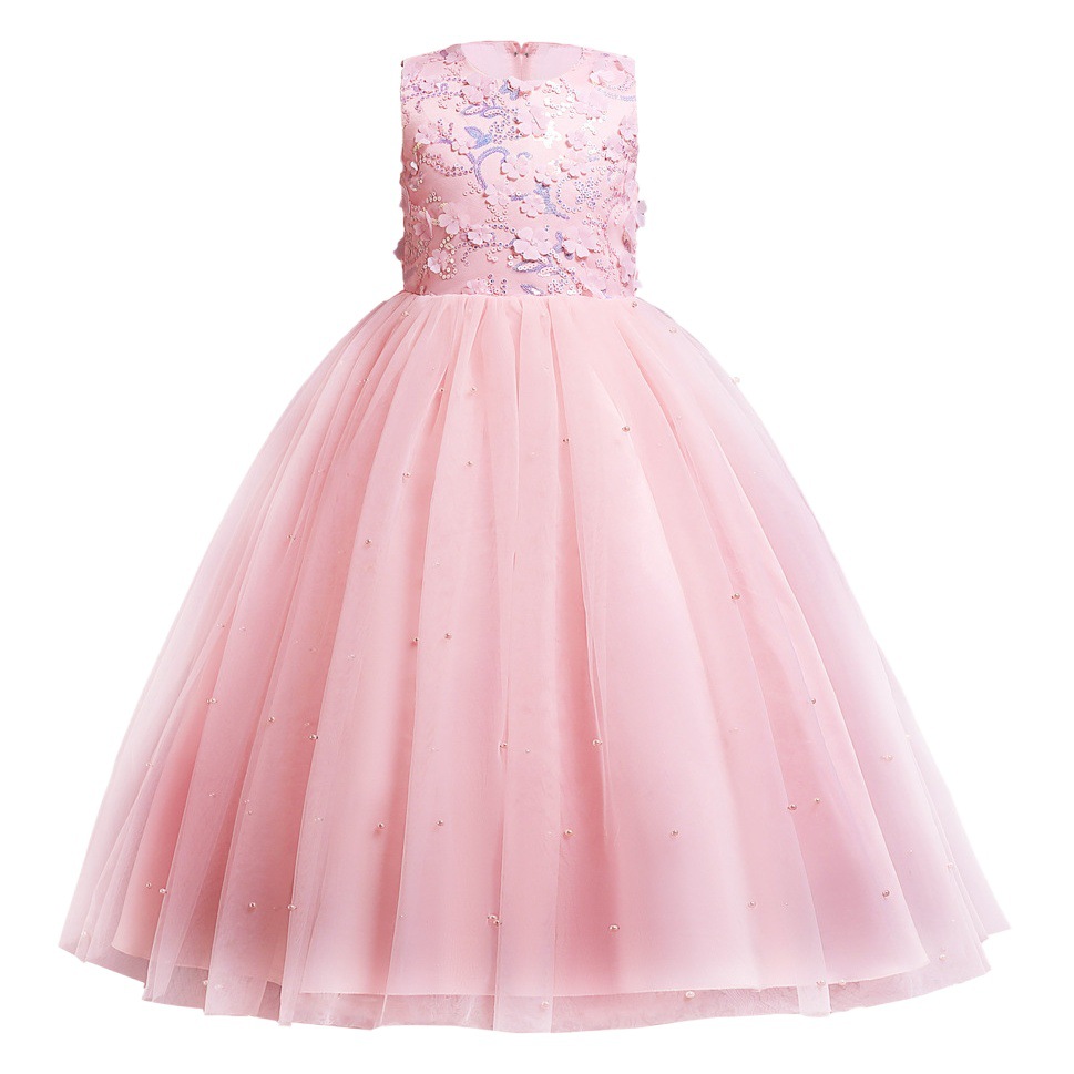 Pink children's dress girls' birthday princess dress flower girl's wedding little girl host catwalk piano costume