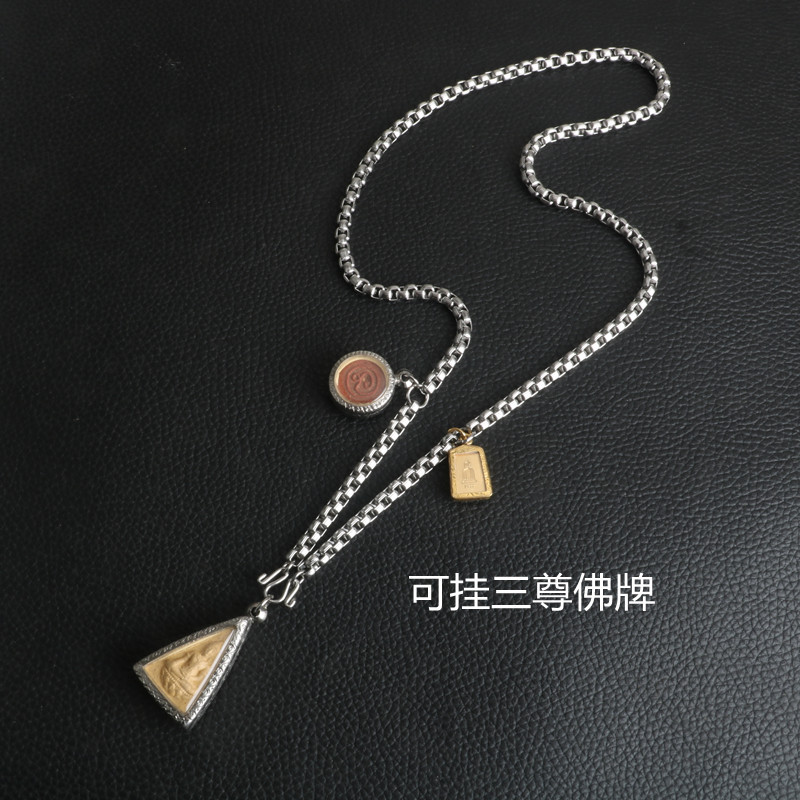 Picture of Guan Gong Guanyin Buddha Pendant Stainless Steel Embossed Square Pearl Chain Three Hanging Thai Buddha Chain Titanium Steel Necklace for Men and Women