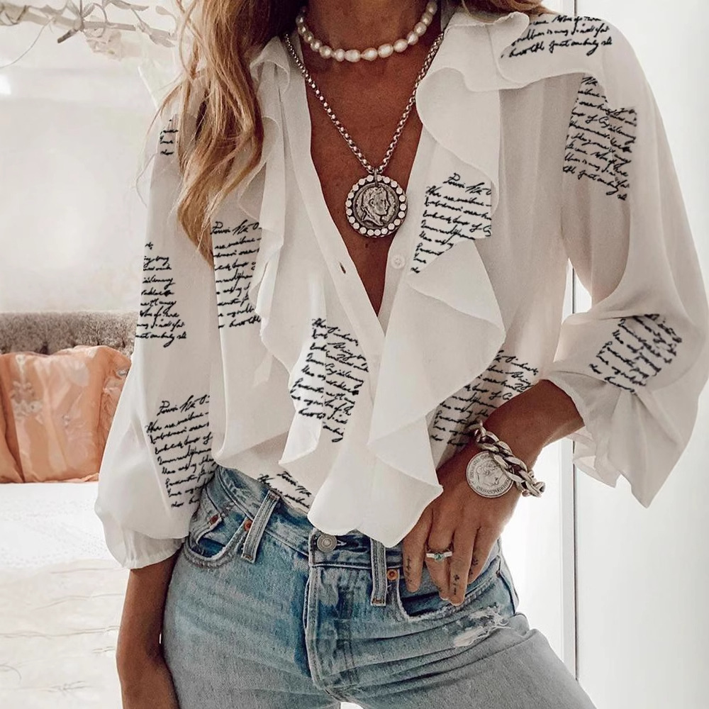 Picture of European and American shirt Amazon 2025 cross-border supply European and American women's chiffon shirt V-neck long sleeve top