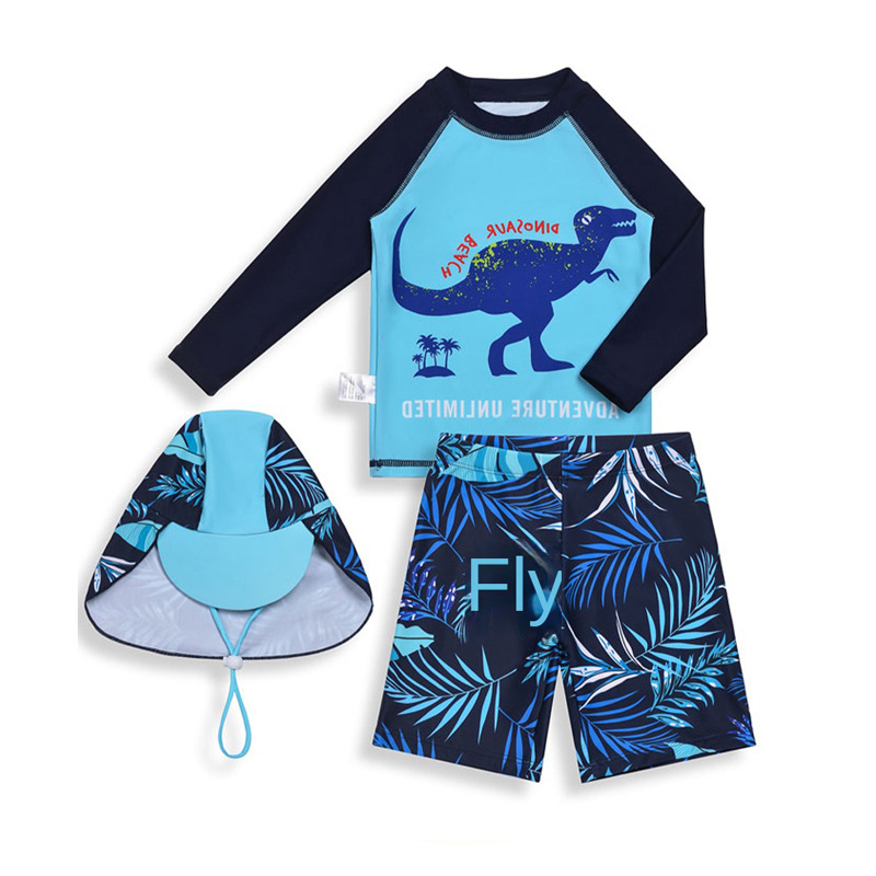 Cross-border Boy Split Swimsuit Long Sleeve Swim Trunks Hooded Cartoon Dinosaur Surfing Beach Diving Suit suit Combination