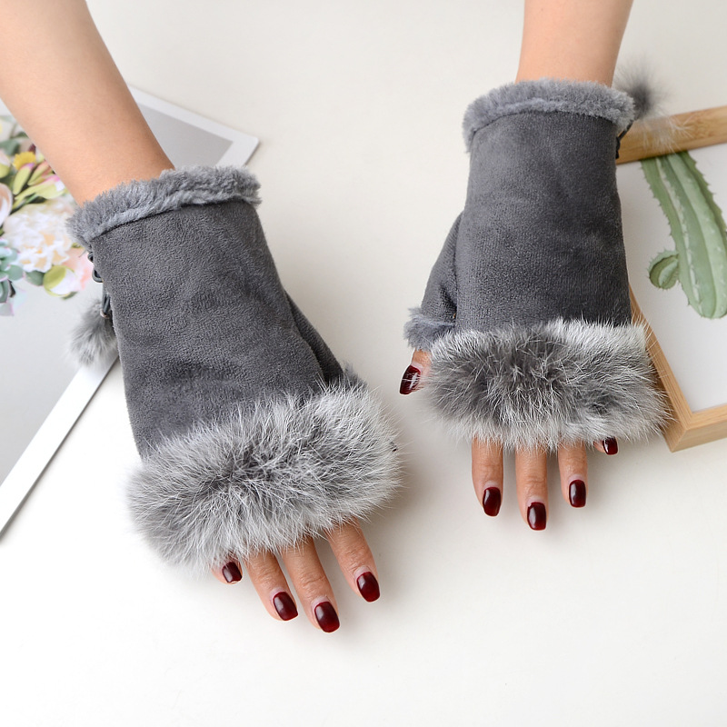 Picture of Factory sales suede rabbit fur half finger gloves women winter gloves warm gloves computer gloves wholesale