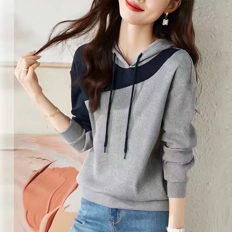 2024 Spring and Autumn New Waffled Hooded Sweatshirt Women's Long-sleeved Stitching Loose Slimming Belly Covering Casual All-match Top