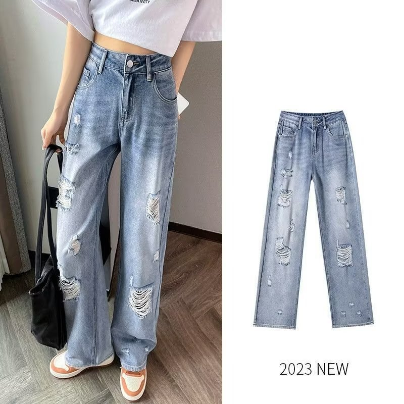 American Style Design Sense Ripped Jeans Women's Wide Leg Pants New Style Straight Leg Pants Women's High Waist Dipped Loose Slim Look Pants