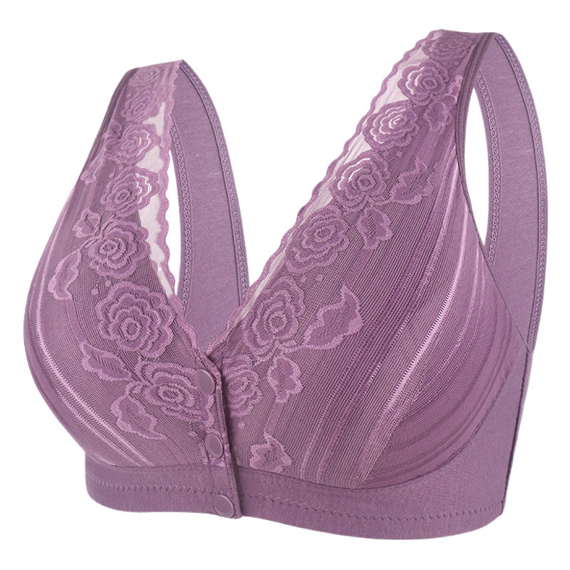 Lace No Steel Ring New Summer Front Buckle Middle-aged and Elderly Underwear Women's Wide Shoulder Strap Vest Large Size Bra