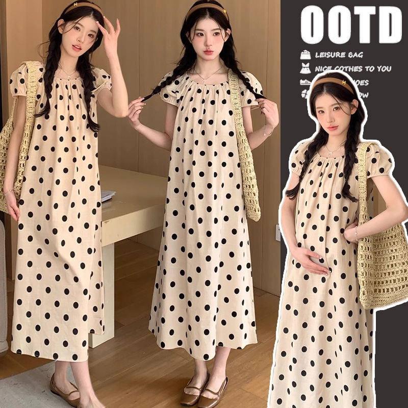 Pregnant Women Summer Dot dress 2024 New Age-reducing Loose Slimming Short-sleeved Summer Skirt Summer Mid-length