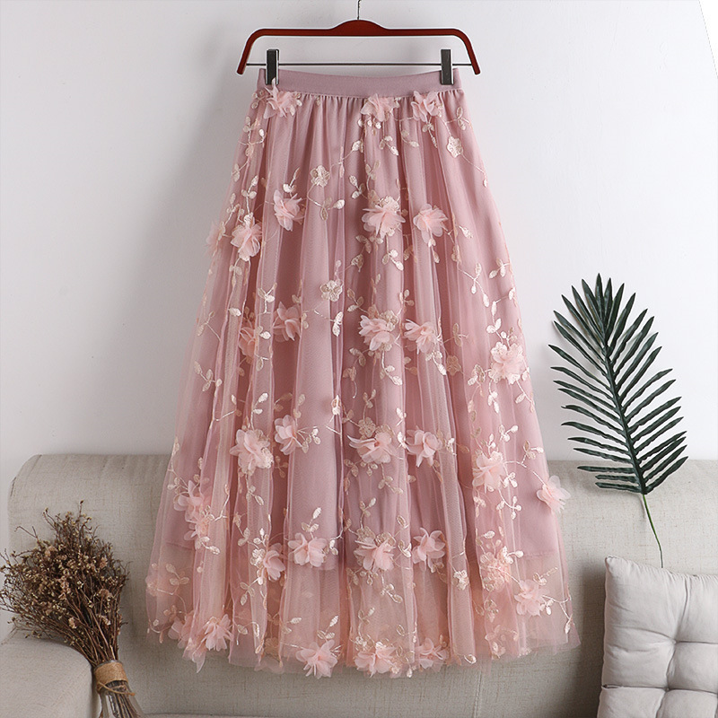 Mesh Embroidered Skirt Gentle Temperament Mid-length Skirt Three-dimensional Flower Heavy-duty Sauze Skirt Small Fresh Fairy Skirt