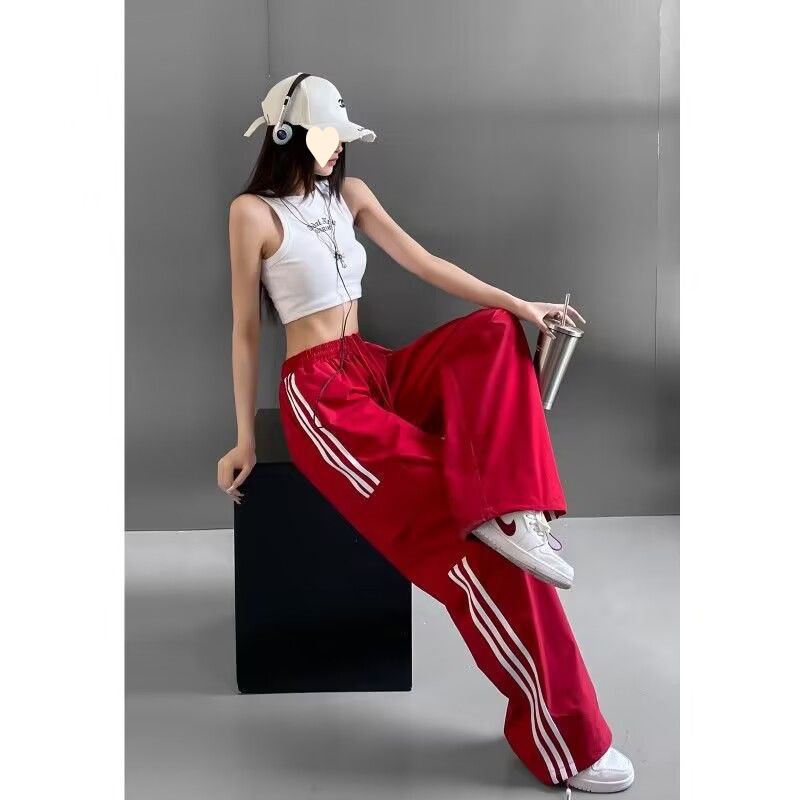 American Style Retro High Street Red Overalls Women's 2024 High Waist Seasonal Loose Slimming Retro Wide Leg Sweatpants High Street Trendy