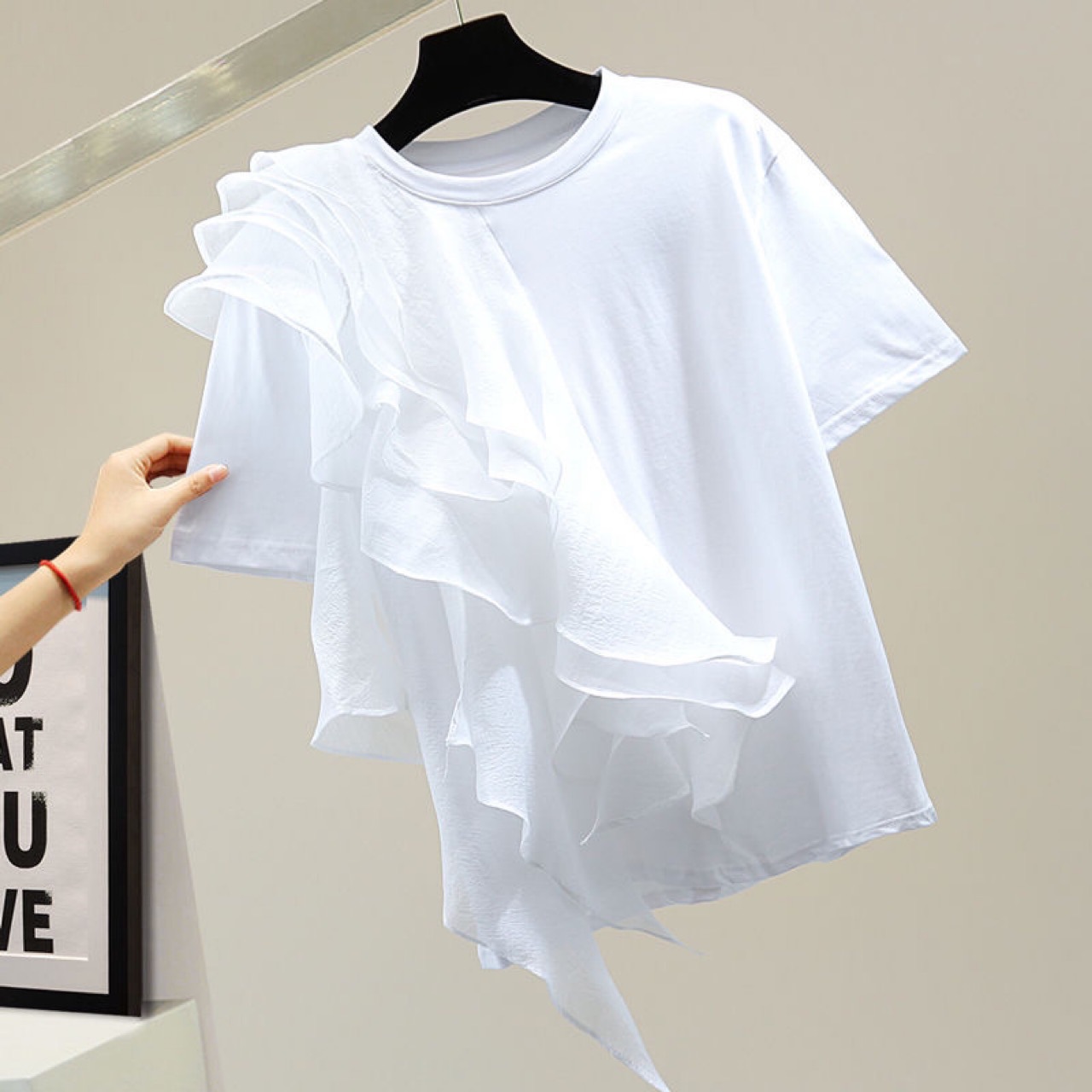 Trendy Brand South Korea New Arrival Irregular Ruffled Stitching Short-sleeved Shirt Women's 2025 Design Sense Loose Casual Top Trendy