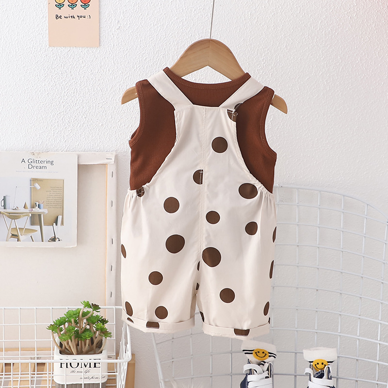 Picture of Summer new girls' fashion dot printed short-sleeved cotton suspender pants two-piece suit source factory wholesale