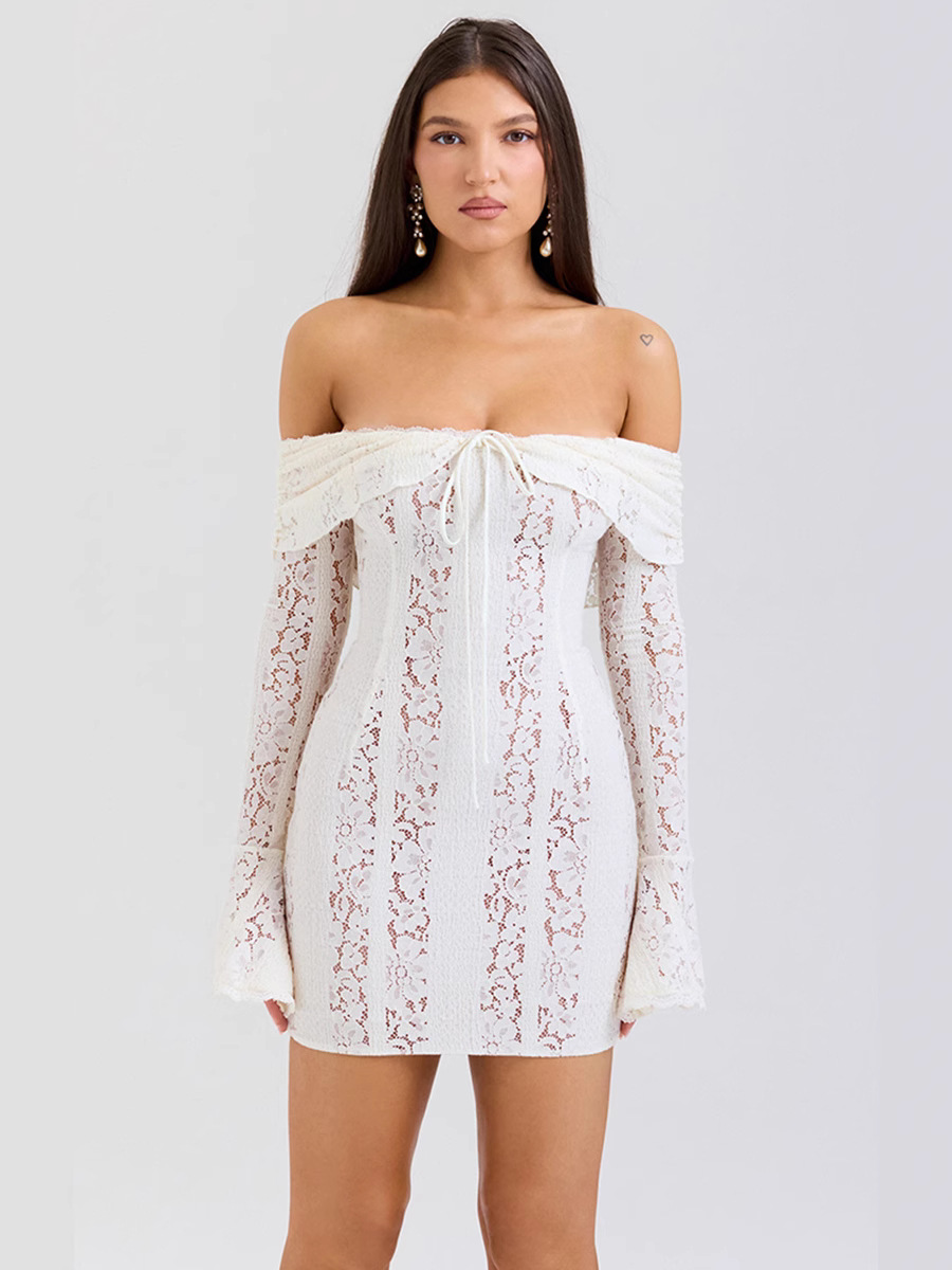 Cross-border Amazon New Hot Fashion Sexy Shoulder Waisted Lace dress Dress Flare Sleeve