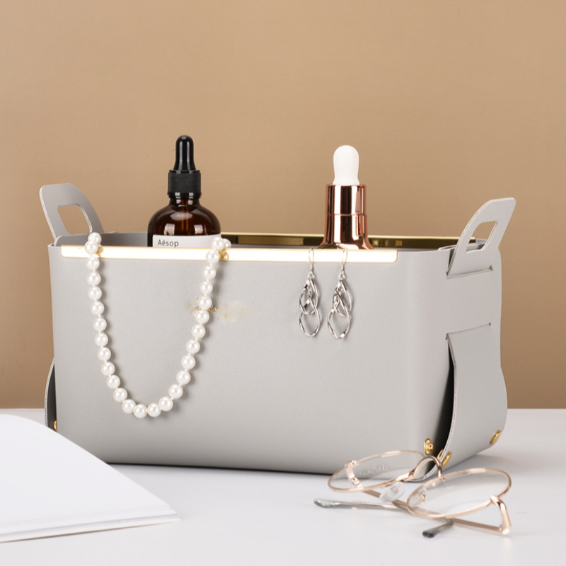 Nordic Style Leather Storage Box with Handle Storage Basket Large Capacity Desktop Organizer Creative Household Cosmetic Tray