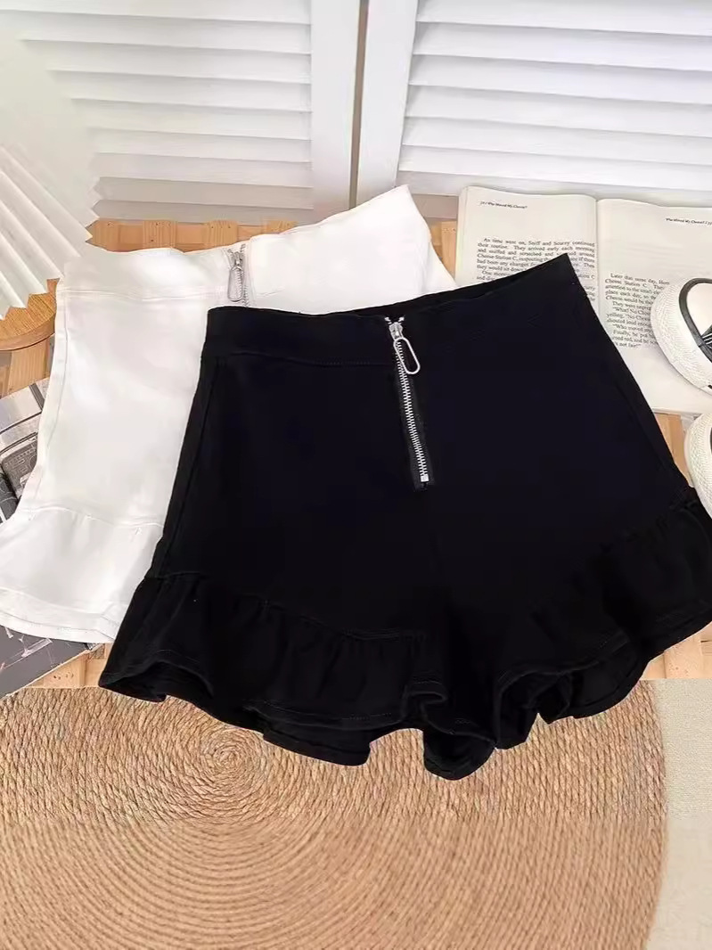 Design Sense Sweet All-match High Waist Slimming Zipper Ruffled Wide Leg Pants Casual Pants Three-point Shorts Hot Pants Women's Trendy