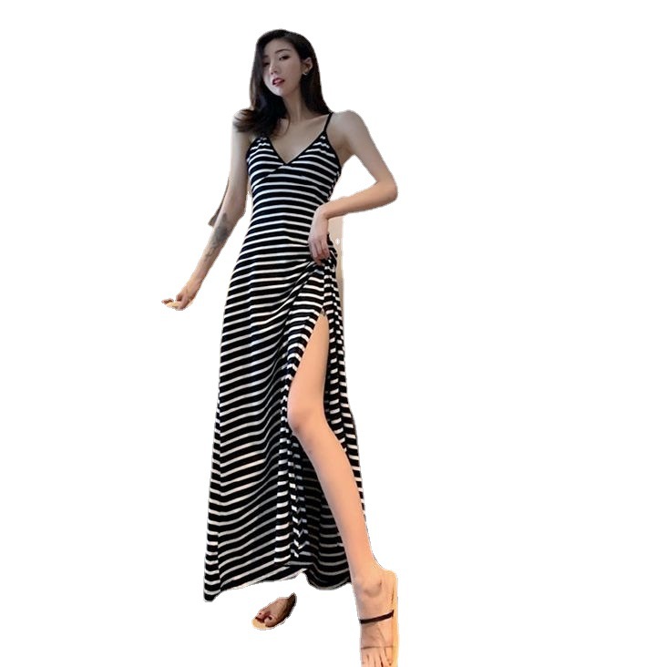 Picture of New Suspbottomer Little Black Dress Sexy and Gentle V-Neck Bottoming Retro Long Side Slit Black Dress for Women