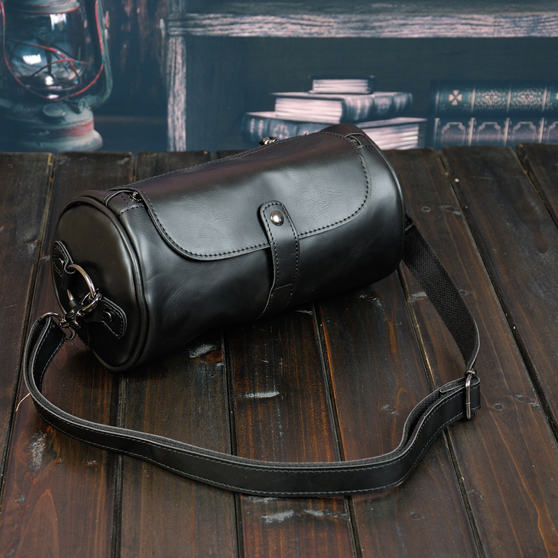 Picture of New Korean Style Fashion Small Leather Bag Retro Crazy Horse Leather Men's Shoulder Crossbody Bag Trendy Cylindrical Bag Ready for Sale