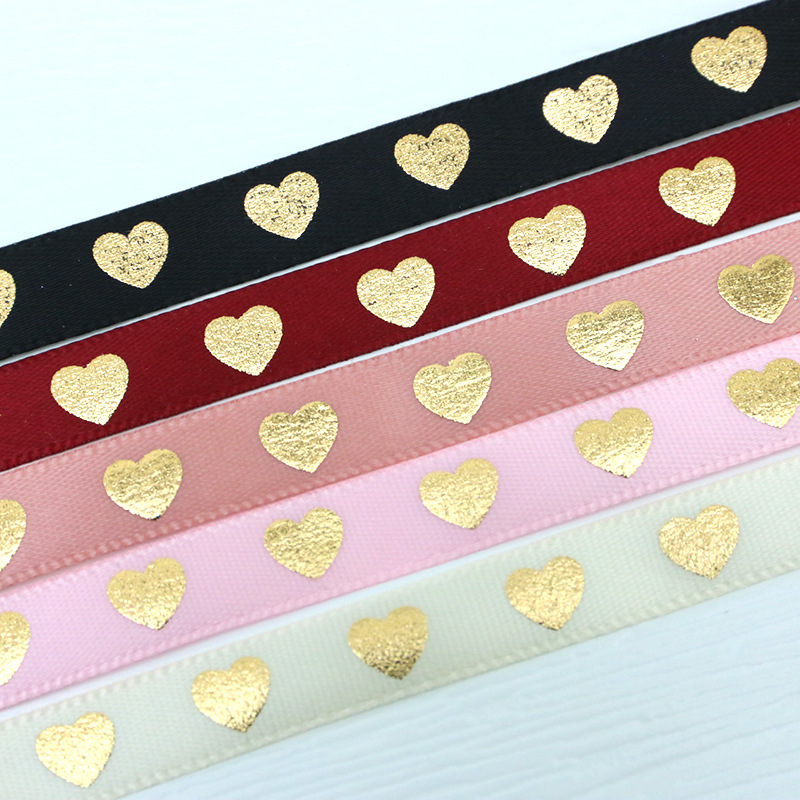 1cm Golden Heart Ribbon Bronzing Love Printing Ribbon Ribbon Ribbon Ribbon Gift Packaging Ribbon 10 m/Roll