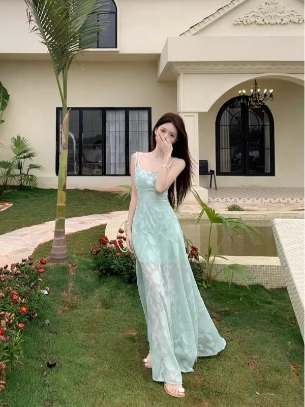 Picture of 2025 Summer New French Style Fresh Sweet Sling dress Women's Seaside Vacation Wear Mid-Length Skirt with Tight Waist