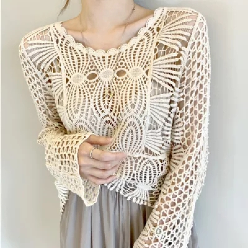 2025 South Korea chic gentle temperament round neck lace lace crochet hollow design loose long sleeve sunscreen shirt