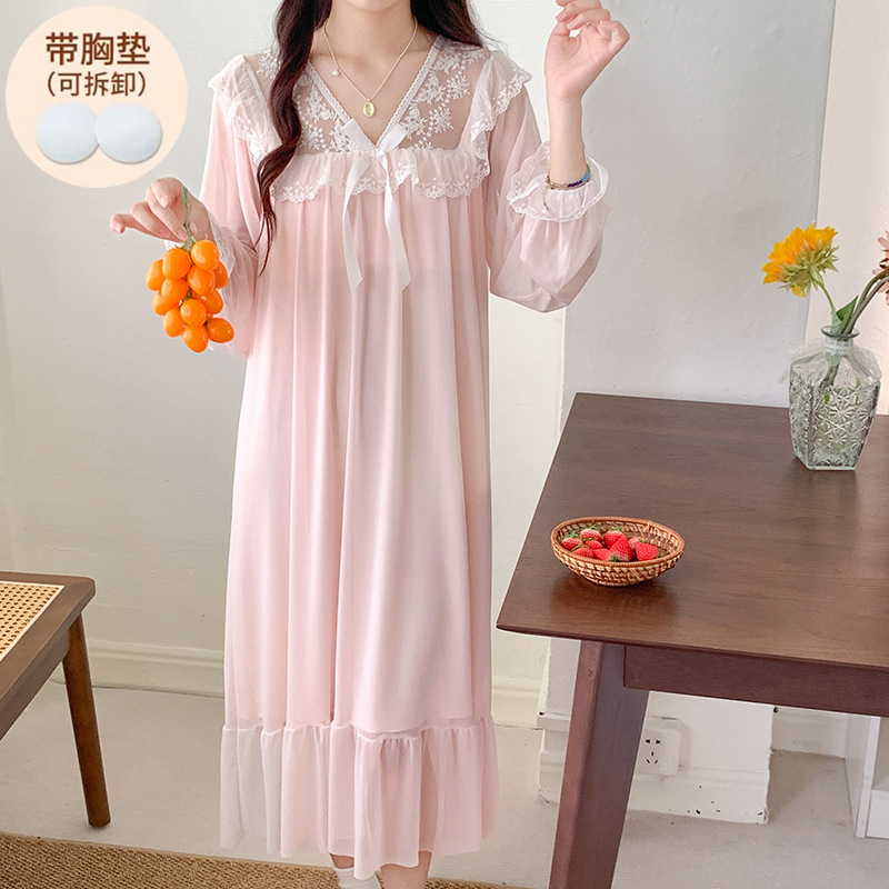 Picture of Spring and Autumn Nightgown Women's French Style Lace Long-Sleeved Vintage Palace Style Loose plus size Pajamas Mid-Length Home Clothes