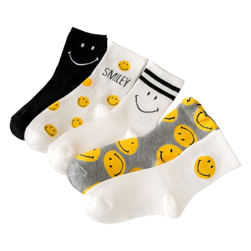 Smiley Socks Women's Spring and Autumn Cotton Mid-length Socks ins Trendy Striped Academic Style Long Barrel Autumn Sports Cotton Socks Stockings