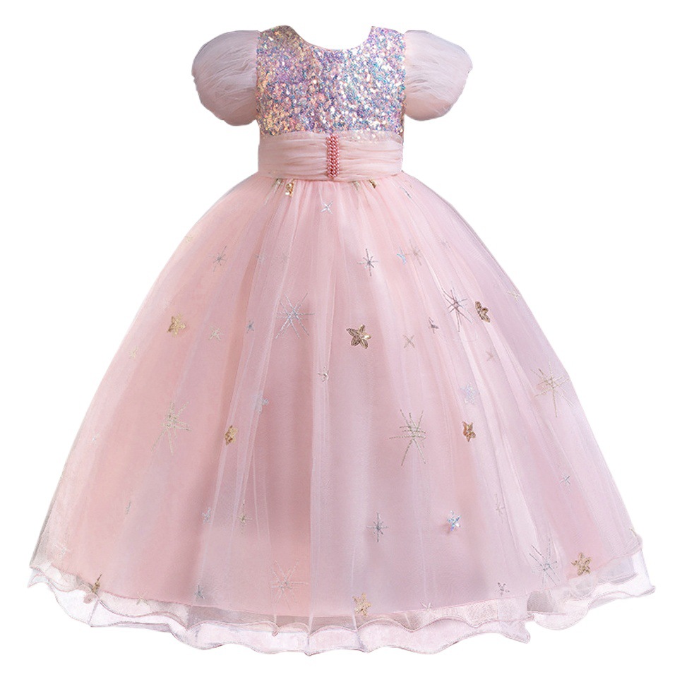 Cross-border new girls sequined puff sleeve princess dress solid color mesh long birthday dress Christmas holiday dress