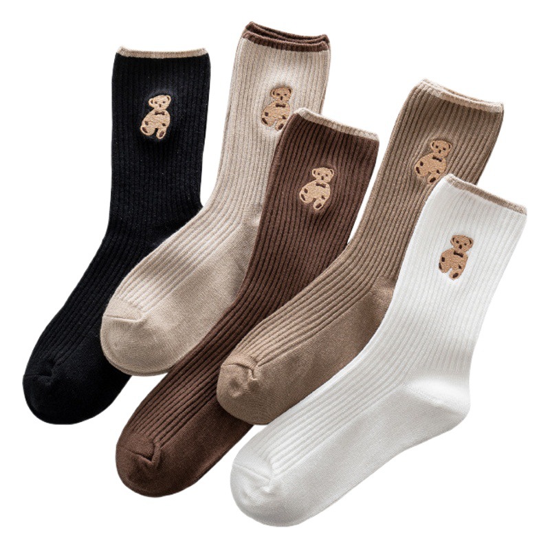 Korean Style Cartoon Bear Embroidered Women's Autumn and Winter Four Seasons Socks Women's Cotton Socks Japanese Style Instagram Style Fashionable Mid-Style Socks