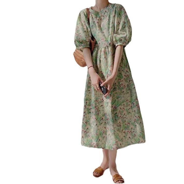 Picture of plus size French Style Retro Floral dress Women's Summer New High-end Loose Slimming Sweet Puff Sleeve Long Dress
