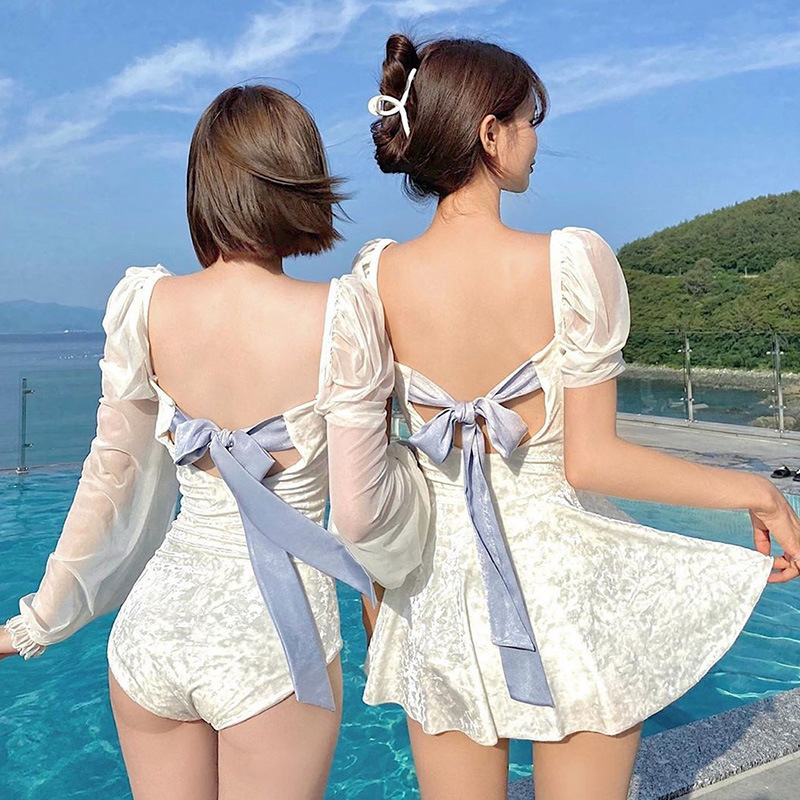 South Korea Dongdaemun ins Style Sisters Pure White Goddess Conservative Conjoined Backless Skirt Hot Spring Vacation Swimsuit for Women