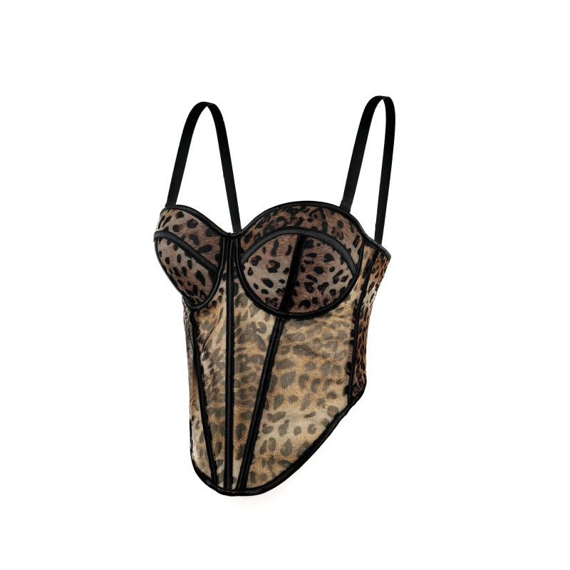 Sexy Leopard Dot Pattern Splicing Bra Suspender High-End Inner Mesh Lace See-Through Outer Fishbone Bra