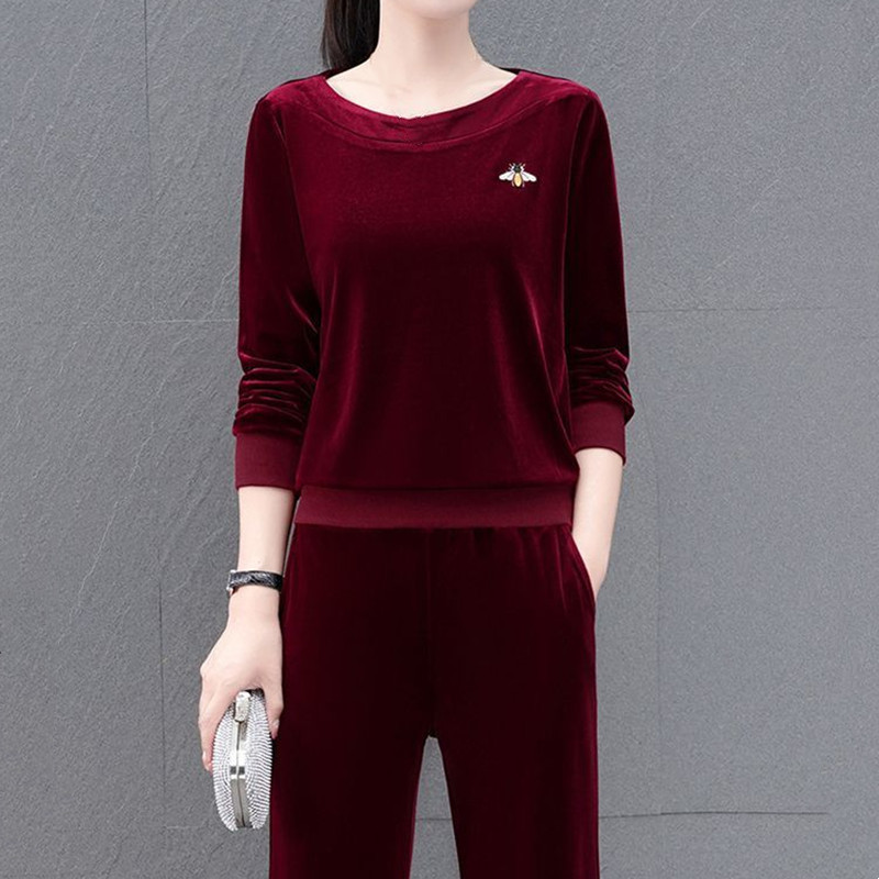 Cross-Border Women's Velvet Casual Sports Suit 2024 Spring and Autumn New Fashion Stylish Round Neck Plus Size Two-Piece Set