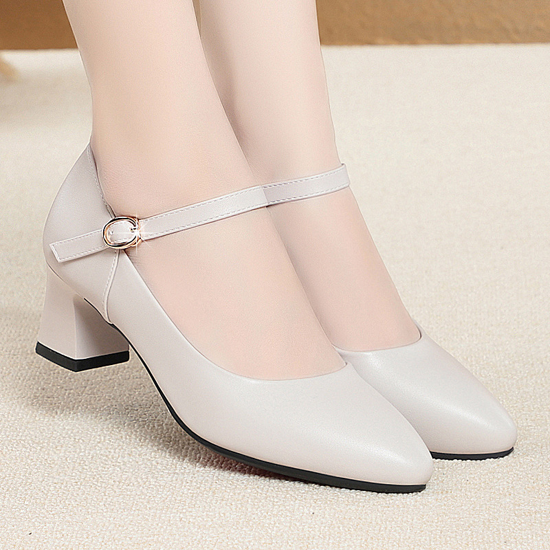 New Spring and Autumn pointed toe chunky heel mid heel soft leather single-layer shoes commuter plus size buckle breathable women's shoes work shoes
