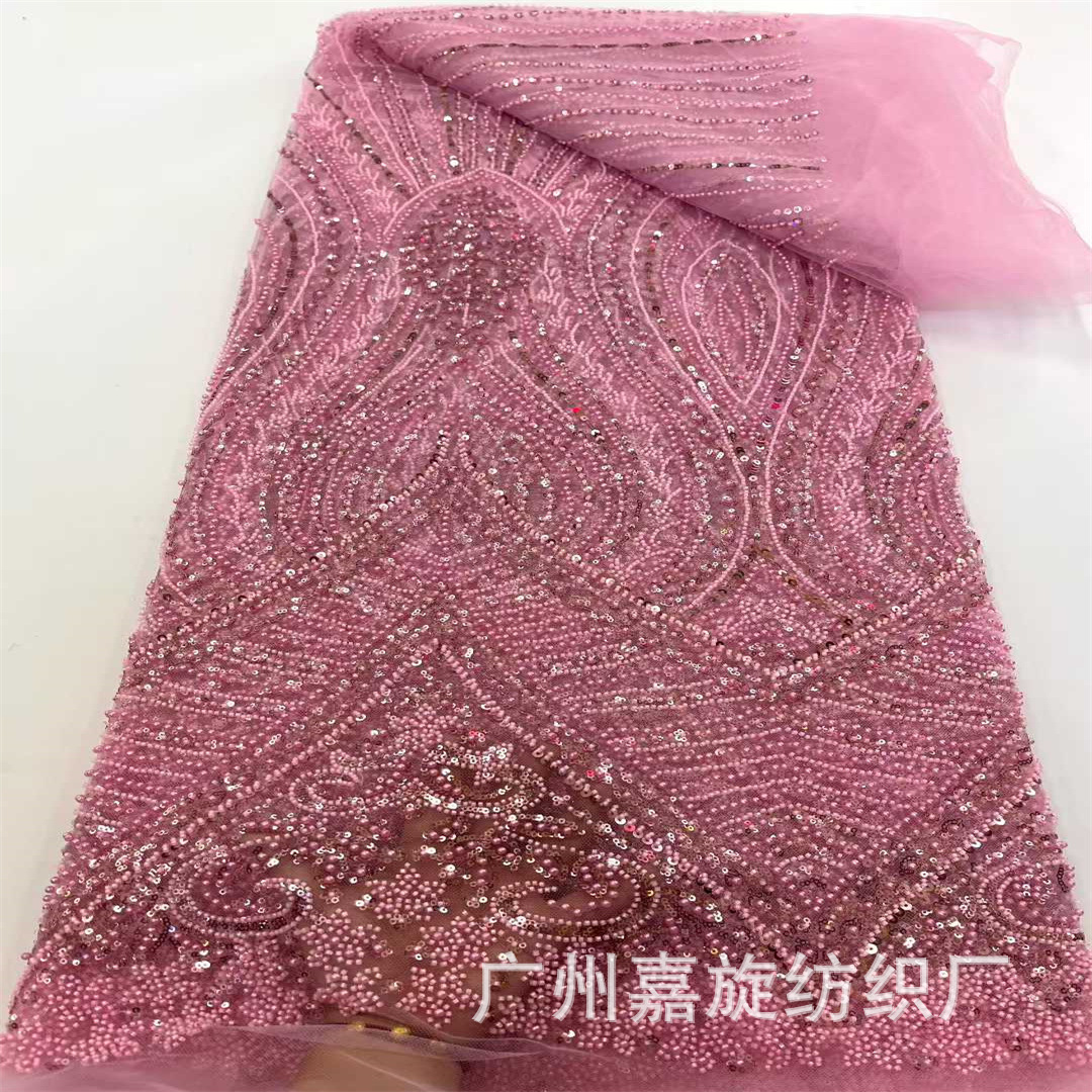 Nigerian style pink beaded lace fabric, African sequin embroidery, wedding dress, party dress fabric, LACE