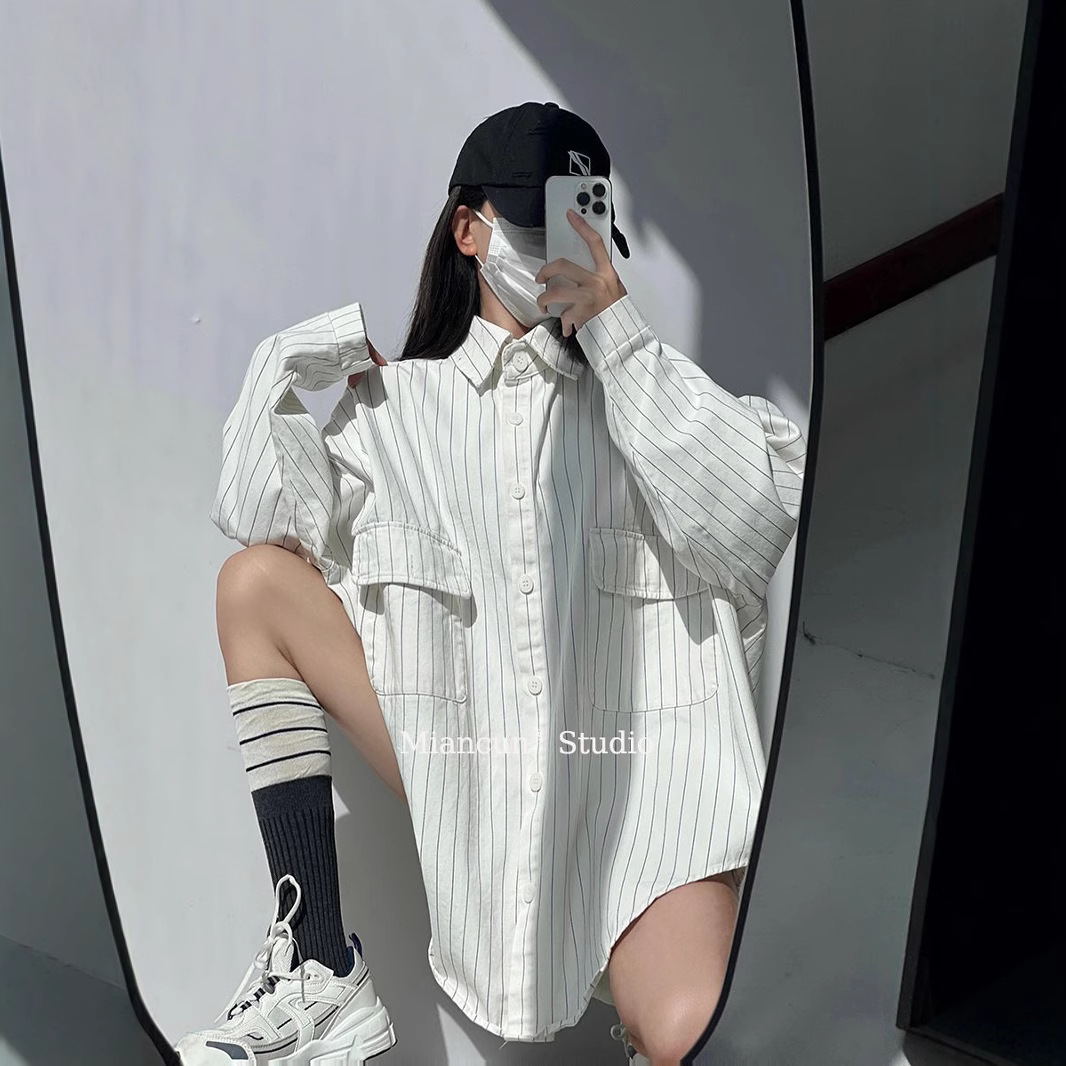 Relaxed Lazy Style Vertical Stripe Loose Shirt Women's Spring and Summer Mid-length Profile Slimming Boyfriend Style Long-sleeved Shirt