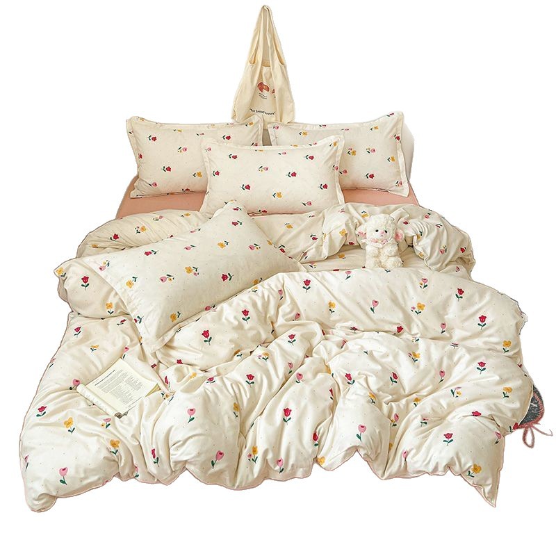 Picture of Washed Cotton Bed Sheet Four-Piece Set, Fresh Style Duvet Cover, Simple Ins Student Dormitory Three-Piece Duvet Cover Set