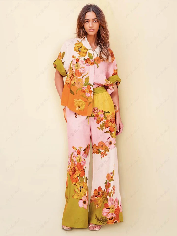 Cross-border women's clothing 2025 Amazon independent station fashion floral printing short sleeve color matching casual tether trousers suit
