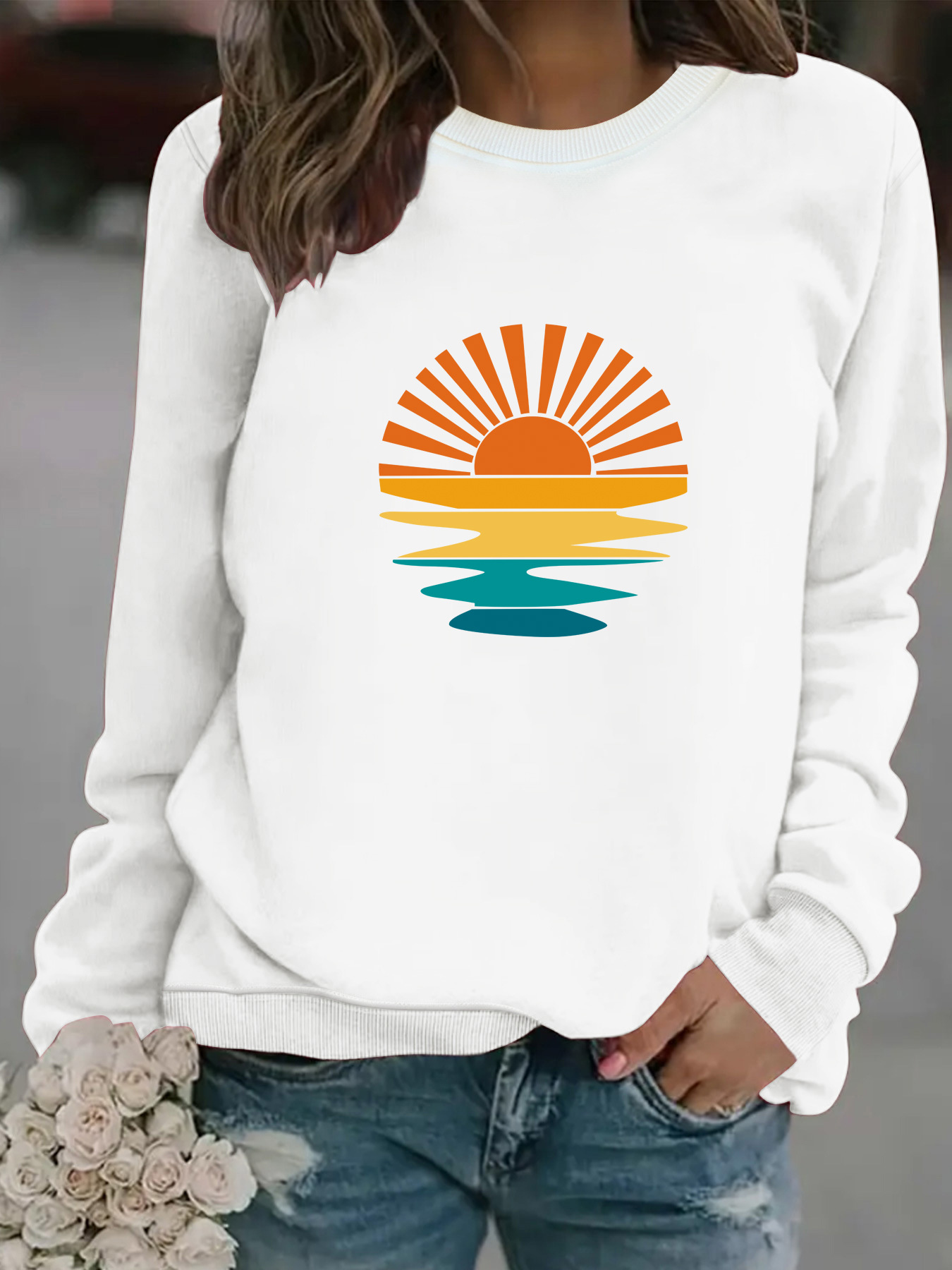 Europe and the United States cross-border autumn and winter women's casual long sleeve round neck sunrise printed pullover sweatshirt sweater wholesale