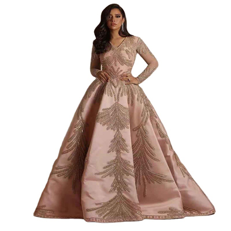 Picture of 2025 New European and American Export Women's Clothing Independent Station Hot Stamping Large Sleeve Long Skirt Banquet Sexy Evening Dress Pink