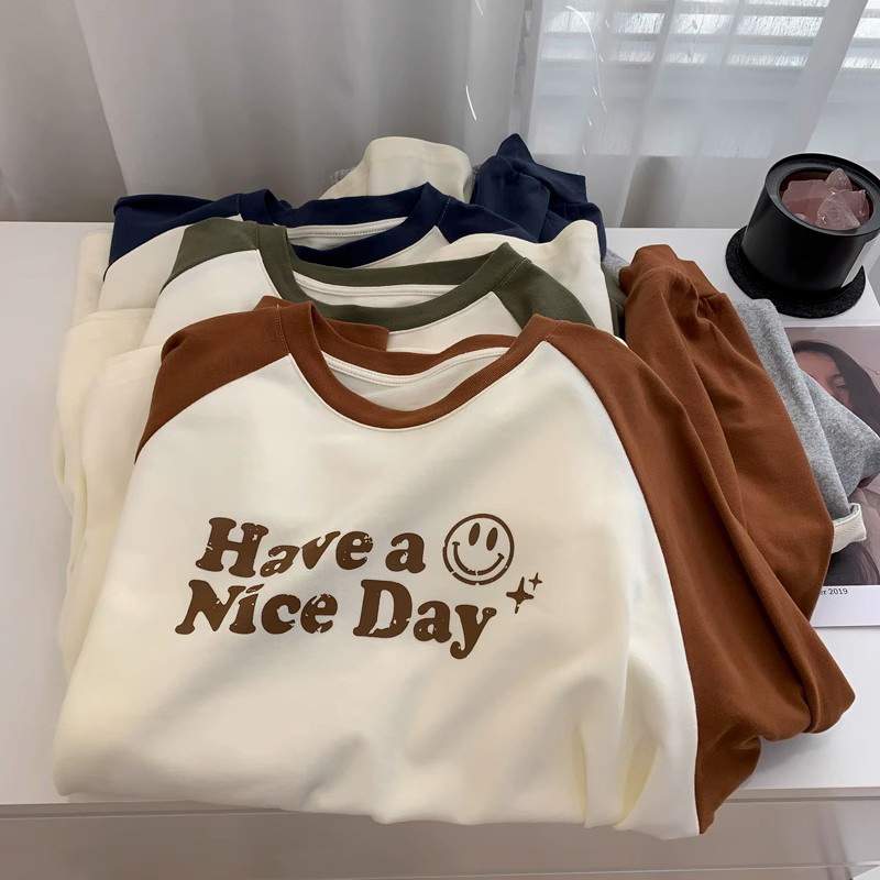 Foreign Trade Independent Station Contrast Color Inner Base Shirt Women's Spring and Autumn Cotton Raslan Long-sleeved T-shirt Loose Hoodless Top